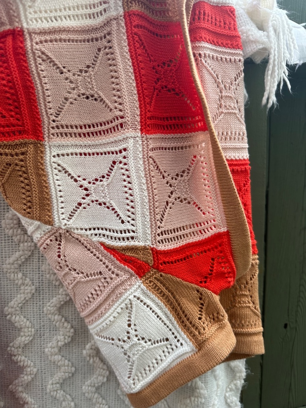 Open-Knit Patchwork Cardigan Sweater - Cream Red Tan - Picture 6 of 9